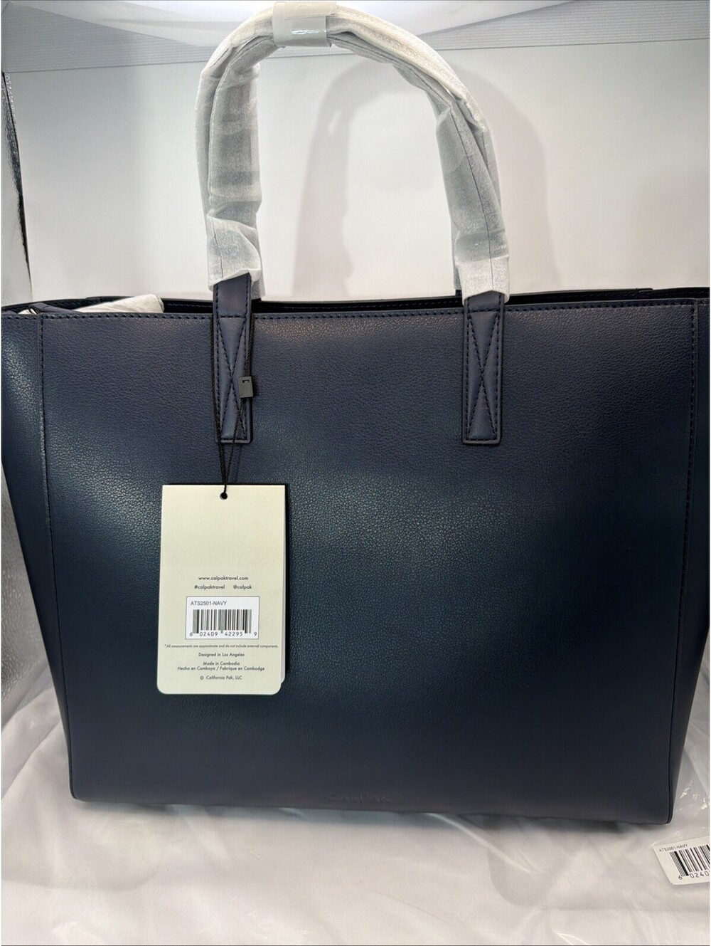 CALPAK Haven 15” Laptop Tote Bag Navy Faux Leather Work Travel Office Purse - Picture 6 of 9
